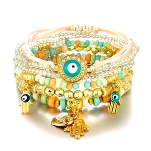 6Pcs Bohemian Evil Eye Bracelet Set For Women Charm Beaded Rope Chain Bangle